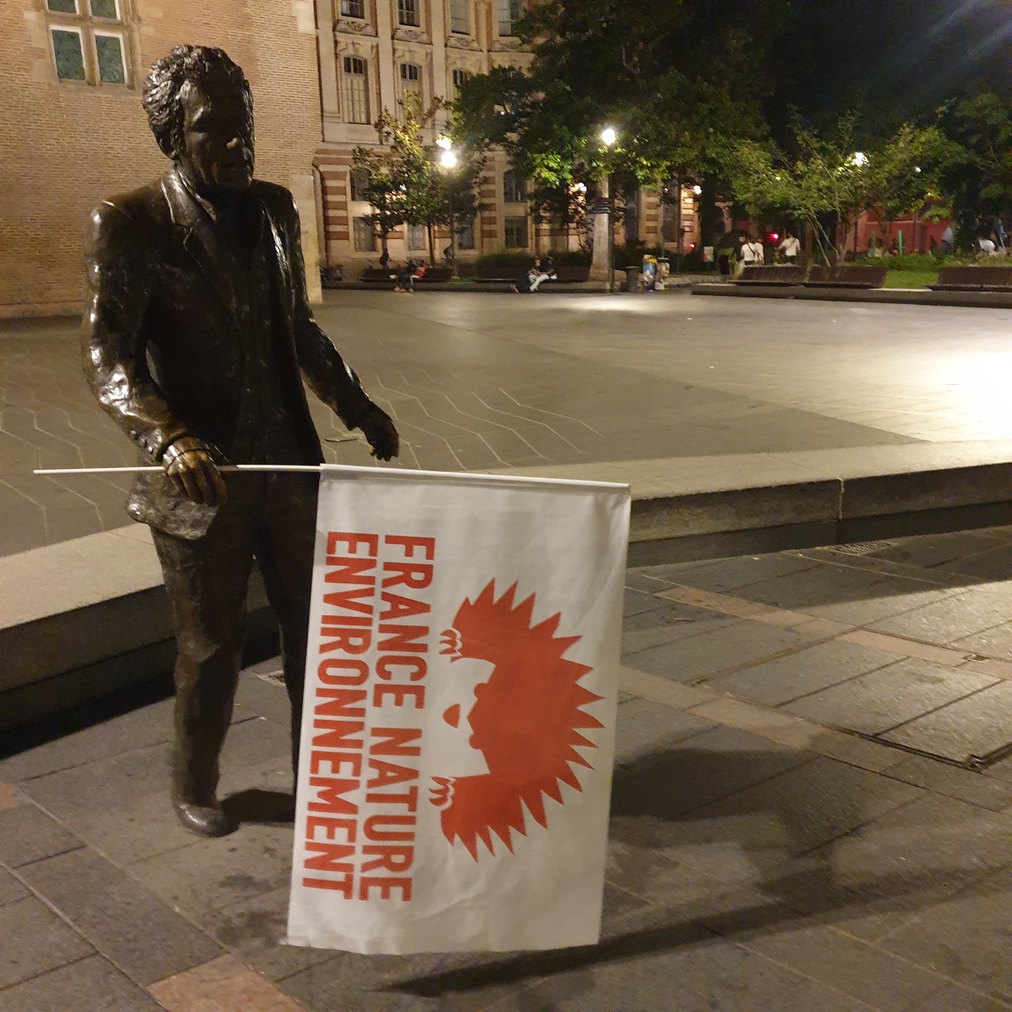 Drapeau FNE et banderole sur une action publique à Toulouse.