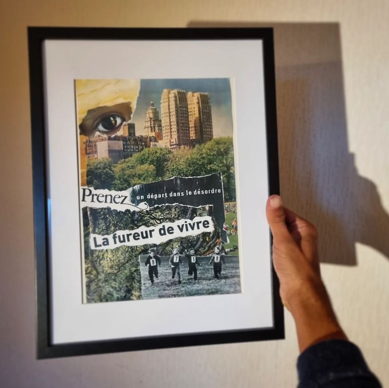 Collage par Vie : « Prenez un départ dans le désordre. La fureur de vivre. » Œil découpé, gratte-ciel, enfants en course, vagues de feuillage.